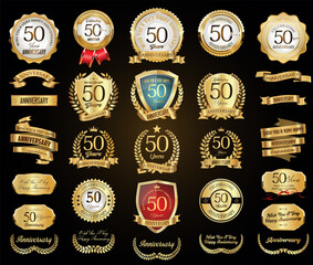 Poster - Collection of  Anniversary gold laurel wreath badges and labels vector illustration