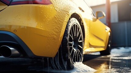 Wall Mural -  a yellow car is parked on a wet street with snow on the ground.  generative ai