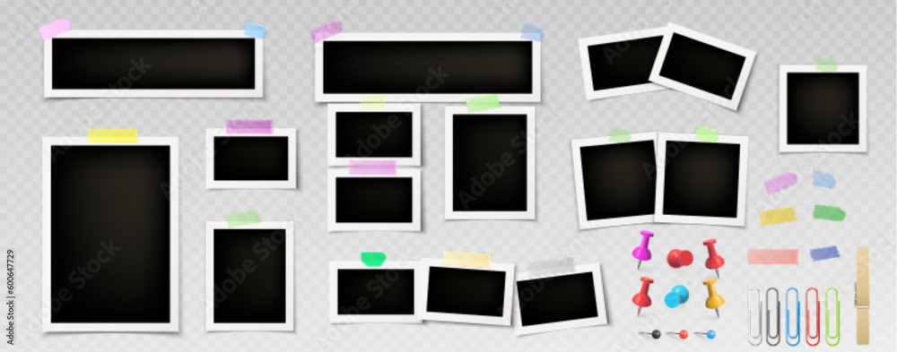 Vector photo frame collage with push pin and tape set. Memory or mood ...