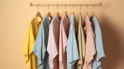 Wall Mural -  a rack of clothes hanging on a clothes rack next to a wall.  generative ai