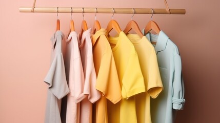 Wall Mural -  a row of shirts hanging on a clothes rack against a pink wall.  generative ai