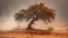  A Lone Tree In The Middle Of A Desert With Dust Blowing Around It.  Generative Ai