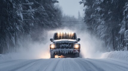  a truck driving down a snowy road with trees in the background.  generative ai