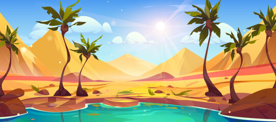 Wall Mural - Cartoon oasis in Sahara desert with palm tree vector landscape background. Dubai mirage in arabian sand scene illustration. Dry Morocco land with rock nature near pond water panorama wallpaper