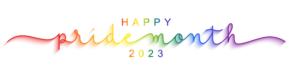 HAPPY PRIDE MONTH 2023 vector monoline calligraphy banner with pride flag colors