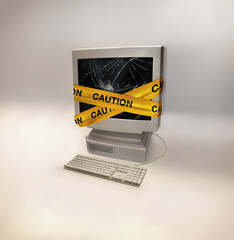 Poster - Computer, virus and broken screen with warning and malware with 404 and caution tape. Cyber, connection error and technology problem on a studio background with website security and pc fail