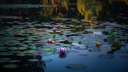  two water lilies floating on top of a pond filled with lily pads.  generative ai