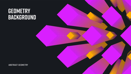 Poster - Vector illustration, geometric elements, gradient purple, orange rhombus, blend 3d shapes, abstract decor on black backdrop.