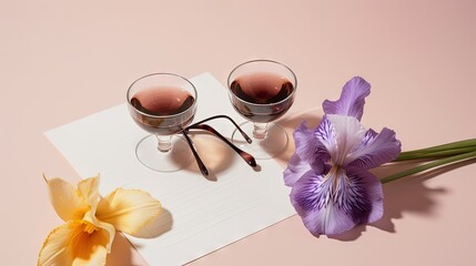  two glasses of wine and a flower on a notepad.  generative ai