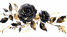  A Black Rose With Gold Leaves On A White Background With A White Background.  Generative Ai