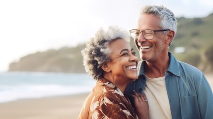 Romantic senior couple by the ocean. Affectionate elderly couple enjoying spending some quality time together after retirement, Generative AI