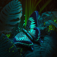 Wall Mural - Teal blue neon butterfly on tropical leaves and flowers on dark flloral background.