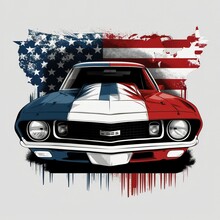 1968 Chevrolet Camaro Make A T-shirt Design American Flag Background And White Background With Generative AI Technology