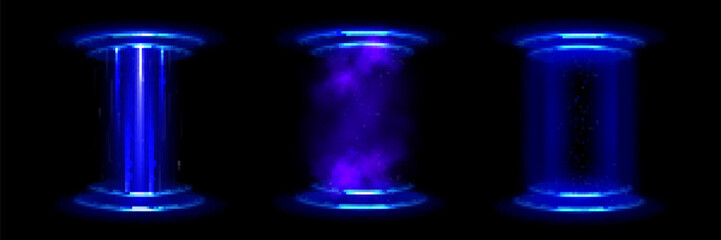 Poster - Magic portal, teleport with hologram effect. Circle futuristic podiums with blue neon light. Digital energy rings with glow, sparks and mist isolated on black background, vector realistic set