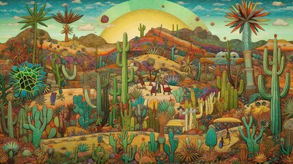 Wall Mural -  a painting of a desert scene with cactus trees and mountains.  generative ai