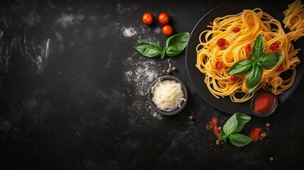 Wall Mural - Italian pasta with tomatoes and cheese on the black plate, high angle, copy space, traditional cuisine  