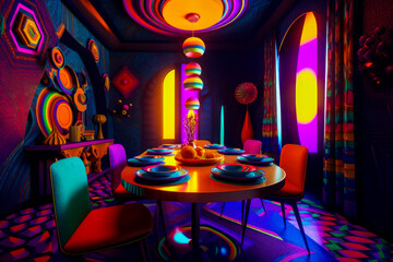 Wall Mural - Brightly lit dining room with colorful chairs and round table in the middle of the room. Generative AI.