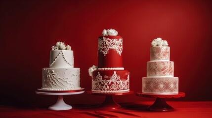  a group of three different cakes on a table with red background.  generative ai