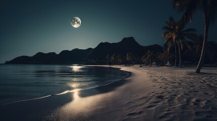 Wall Mural - a full moon is seen over a beach with palm trees. generative ai