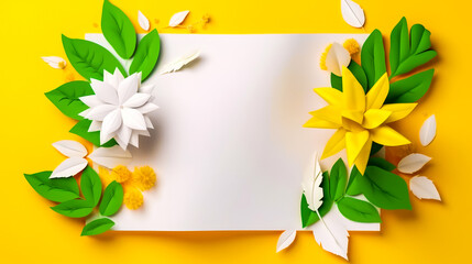 Canvas Print - Paper flowers and leaves on yellow background. Generative AI.