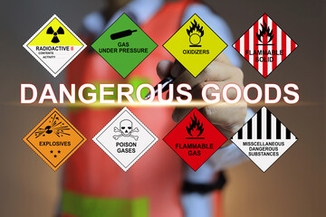 Wall Mural - a warehouse worker in a reflective coat points with a pen at the words dangerous goods letters and t
