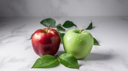  two green and red apples with leaves on a white surface.  generative ai