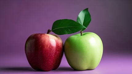  two green and red apples with a leaf on top of them.  generative ai