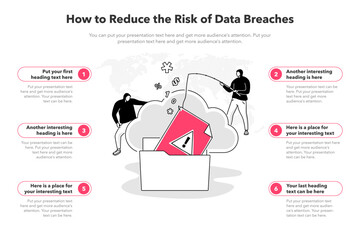 Leinwandbilder - Simple infographic template for how to reduce the risk of data breaches. 6 stages template with two hackers stealing confidential data from a secured system.
