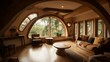 Comfy and cozy wooden hobbit house interior with stucco and thatched roof ,AI generated