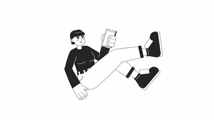 Poster - Animated bw excited girl with phone. Young woman with smartphone shaking legs 2D cartoon monochromatic animation. Thin line flat character 4K video footage, alpha channel transparency for web design