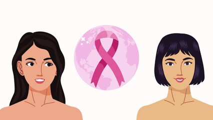 Canvas Print - breast cancer ribbon with girls animation