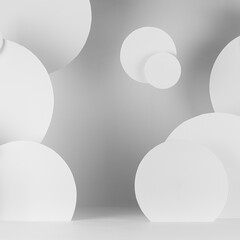 Poster - white soft light abstract stage with pattern of circles fly as decor in urban geometric style, scene