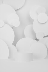Poster - White soft light abstract stage with one cylinder podium mockup with soar circles as decoration in futuristic simple style for presentation cosmetic products, goods, design, vertical.