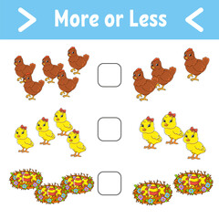 More or less. Educational activity worksheet for kids and toddlers. Vector illustration.