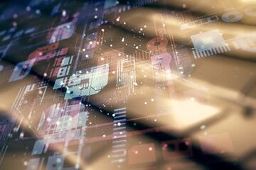Poster - Abstract virtual coding illustration on abstract metal background, software development concept. Multiexposure