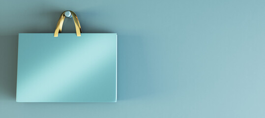 Poster - Shopping or present concept with blue craft bag with golden handles on blank light turquoise wall background with place for campaign or advertising poster or logo brand. 3D rendering, mock up