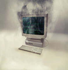 Poster - Smoke, computer problem and monitor with desktop and error screen with explosion. Isolated, white background and technology fail from pc virus, old cyber malware burnout and tech system glitch