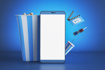 Poster - Creative blue online movie theater background with mock up smartphone, pop corn and other items. Multimedia application service. 3D Rendering.