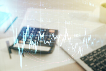 Poster - Double exposure of virtual creative financial diagram on calculator and pc background, banking and accounting concept