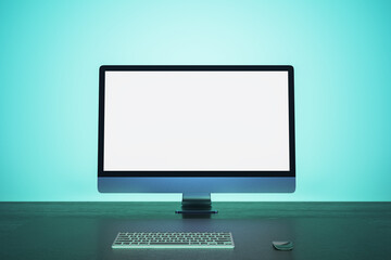 Wall Mural - Abstract blue workplace with empty white mock up computer screen. Office concept. 3D Rendering.