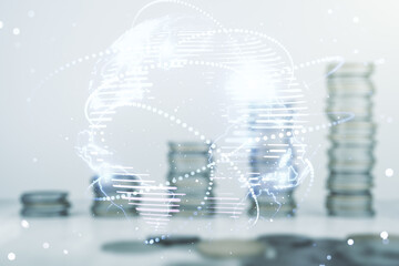 Poster - Abstract graphic digital world map hologram with connections on coins background, globalization concept. Multiexposure