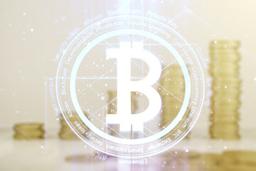 Poster - Virtual Bitcoin sketch on coins background. Double exposure