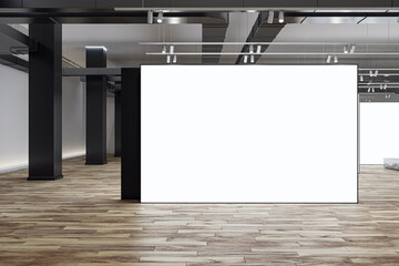 Poster - Front view on white blank partition with space for advertising poster or picture frame or campaign in abstract exhibition hall with wooden floor and black pillars on background. 3D rendering, mockup