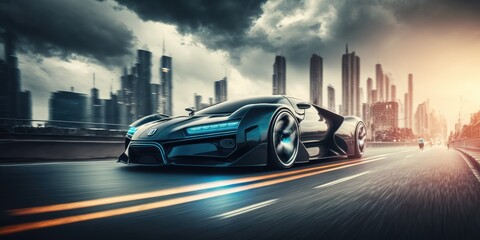 Poster - futuristic electric car, super car driving on city highway road with motion blur. distinct generativ