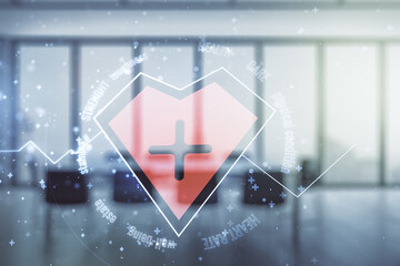 Poster - Abstract virtual heart rate sketch on a modern boardroom background, Medicine and healthcare concept. Multiexposure