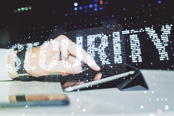 Poster - Cyber security creative concept with finger clicks on a digital tablet on background. Double exposure