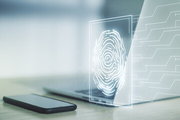 Poster - Double exposure of abstract creative fingerprint hologram on laptop background, research and development concept