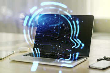 Poster - Creative artificial Intelligence concept with human head sketch on modern computer background. Double exposure
