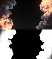 Poster - Giant fire explosions. Dark smoke trails isolated on black background. Alpha matte. 3d rendering digital illustration