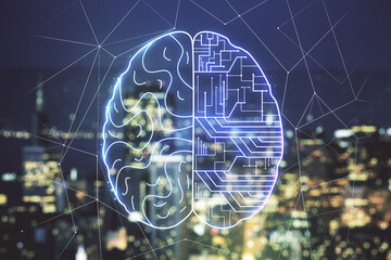 Poster - Virtual creative artificial Intelligence hologram with human brain sketch on blurry skyscrapers background. Double exposure